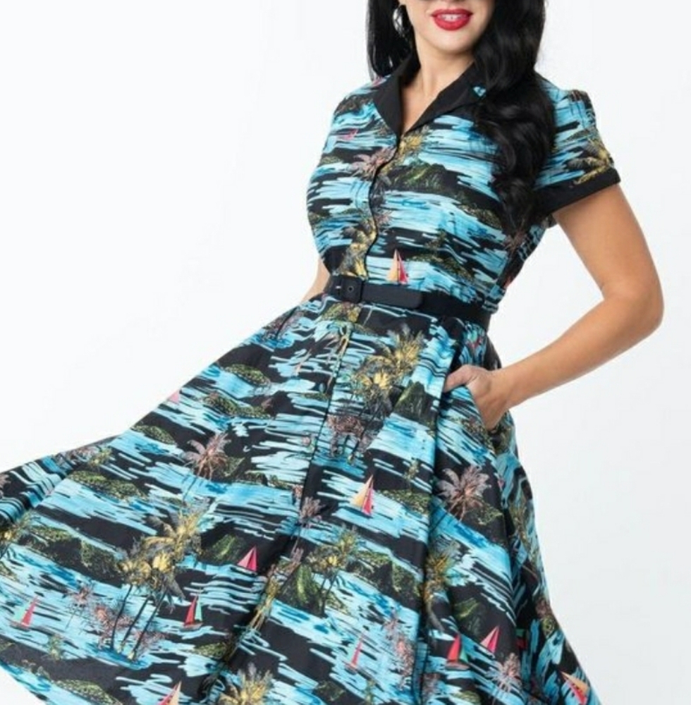 Unique Vintage Palm print Alexis swing dress